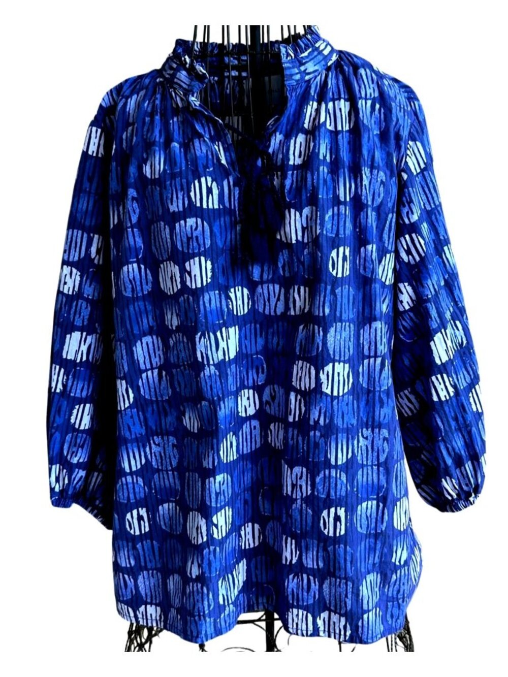 Islapayal Blouse Medium Navy Blue White Top Pullover Tassel Ties Balloon Sleeves